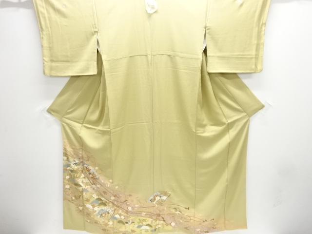 JAPANESE KIMONO / TOMESODE / KINSAI / EMBROIDERY / FOLDING FAN PATTERN